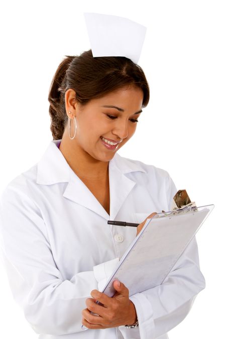 Female nurse writing on a clipboard ? isolated over a white background