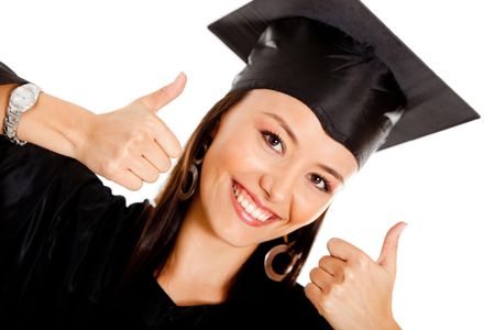 Happy female graduate with thumbs up - isolated over white