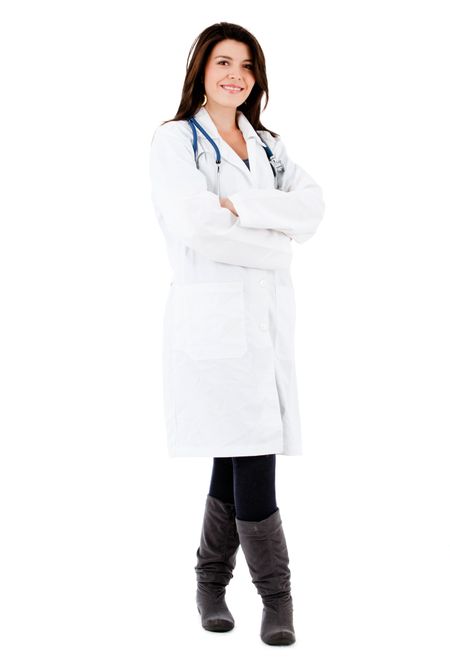 Friendly female doctor smiling - isolated over a white background