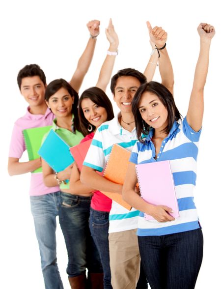 Happy group of students with arms up - isolated over white