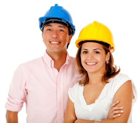 Couple of architects wearing helmets ? isolated over a white background