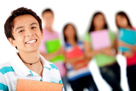 Male student smiling with a group behind - isolated