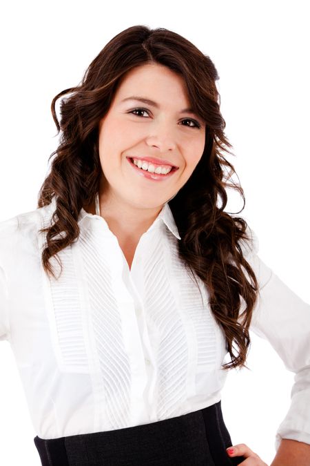 Beautiful business woman smiling - isolated over white
