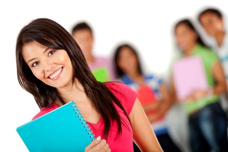 Female student smiling with a group behind ? isolated