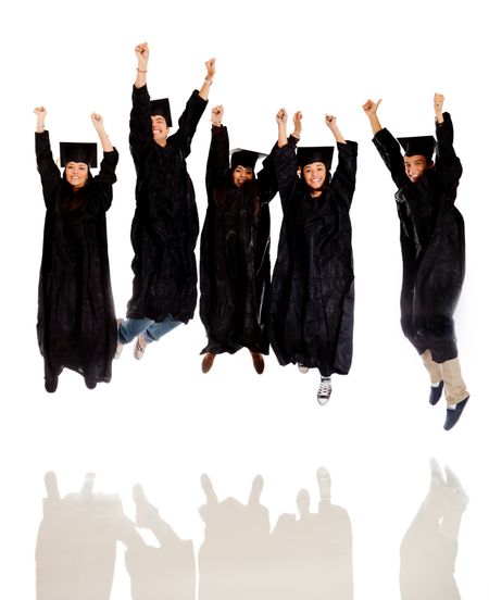 Happy group of graduates jumping and celebrating - isolated over white