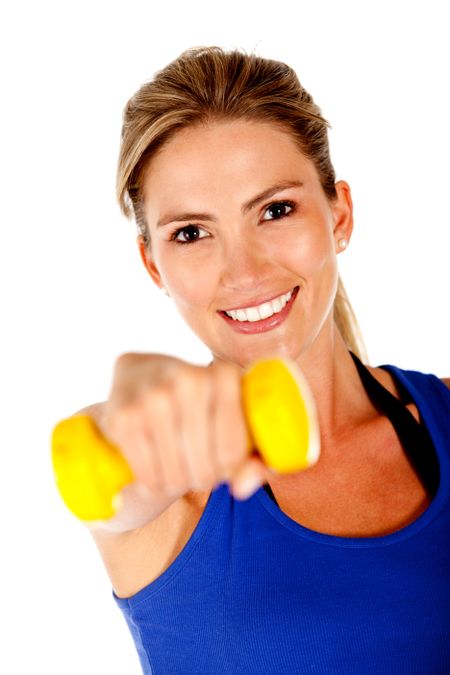 Woman exercising with free-weights isolated over a white background