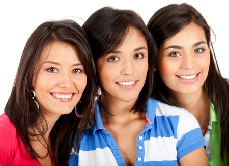 Happy group of girls smiling - isolated over white