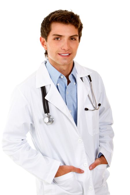 Friendly male doctor smiling - isolated over a white background
