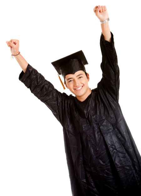 Happy male graduate with arms up - isolated over white