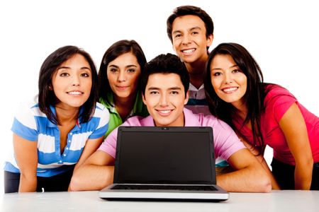 Group of people with a laptop computer ? isolated over a white background