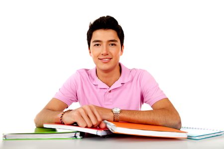 Man studying with notebooks - isolated over a white background