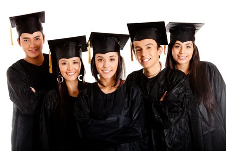 Group of graduates wearing a gown and mortarboard - isolated over white