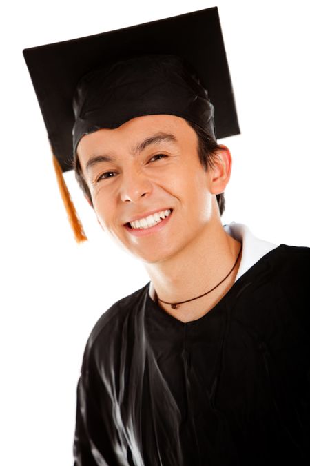 Male graduate wearing a gown and mortarboard - isolated over white