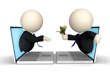 3D business men making business online from a laptop computer ? isolated