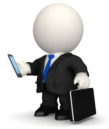 3D Business man texting on his cell phone - isolated over white