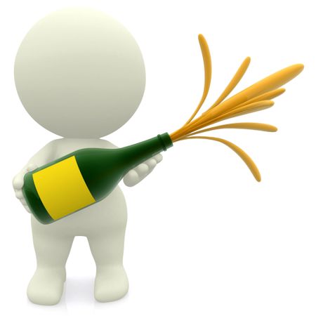 3D guy celebrating with champagne - isolated over white