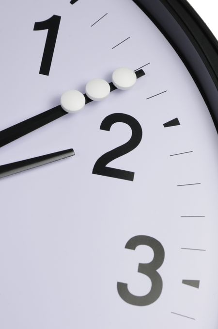 Medical macro: Three aspirin on the minute hand of an analog wall clock