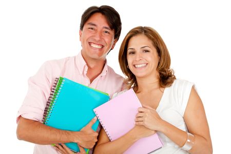 Couple of students with notebooks ? isolated over a white background