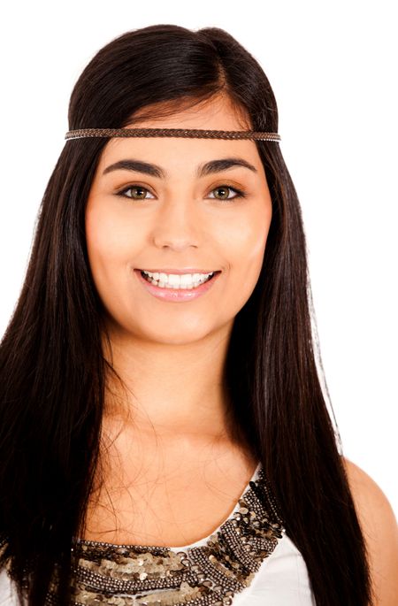 Beautiful woman smiling wearing a hair band ? isolated over a white background