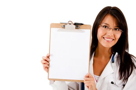 Female doctor displaying a clipboard- isolated over white