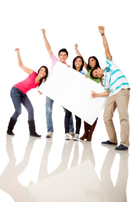 Happy group of people with a banner - isolated over white