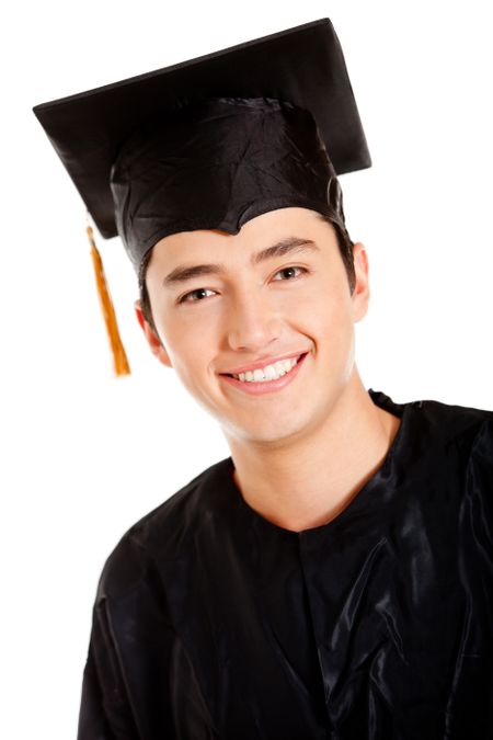 Male graduate wearing a gown and mortarboard - isolated over white