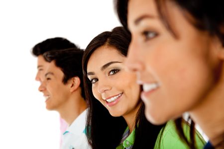 woman-standing-group-people-smiling-isolated-73697002 Woman standing out from a group of people and smiling - isolated