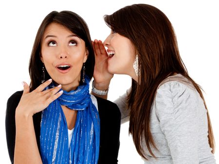 Woman telling a secret to a friend ? isolated over white