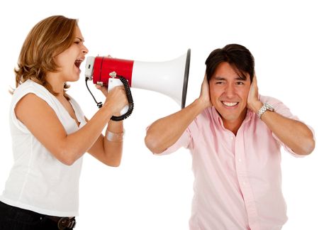 Woman screaming on a megaphone to a man - isolated over white