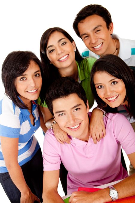 Group of happy friends smiling ? isolated over a white background