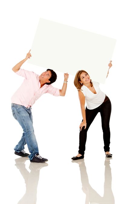 Funny couple carrying a banner - isolated over a white background