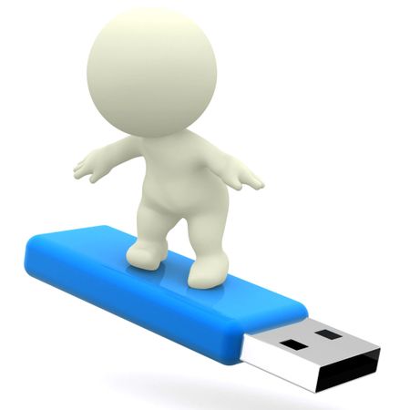 3D guy surfing on a USB - isolated over white