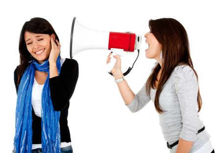Woman screaming on a megaphone to a girl - isolated over white