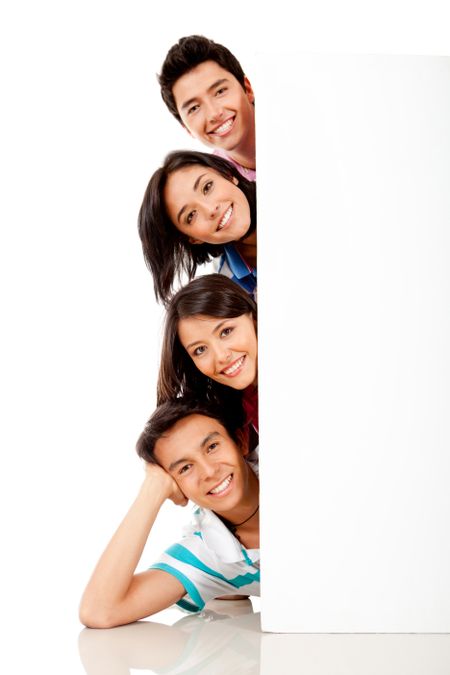 Group of people behind a banner with heads outÃ¢Â?Â? isolated over white