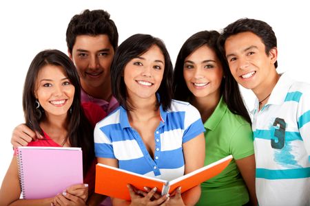 Happy group of students with notebooks - isolated over white