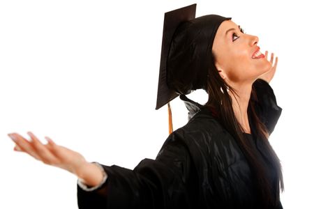 Happy female graduate with arms up - isolated over white