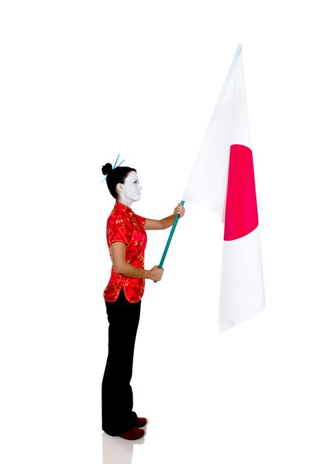 Woman in Asian outfit holding Japan's flag - isolated