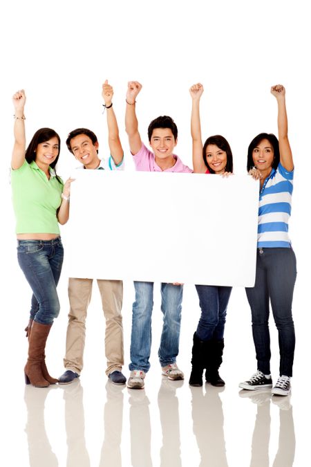 Happy group of people with a banner - isolated over white