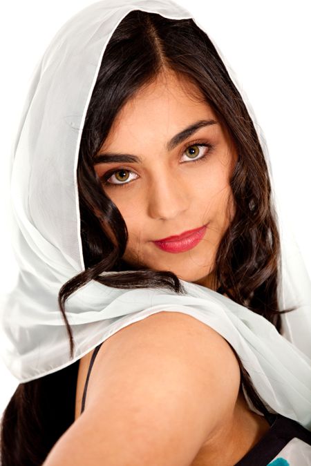 Beautiful woman portrait with a headscarf - isolated over a white background
