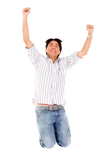 Happy man jumping - isolated over a white background
