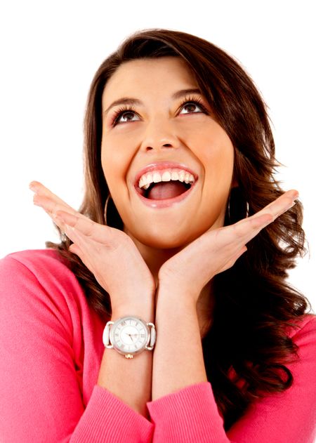 Beautiful girl portrait looking surprised - isolated over white