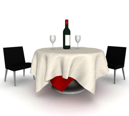 3D dinner table with a bottle of wine - isolated