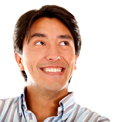 Pensive male portrait smiling isolated over a white background