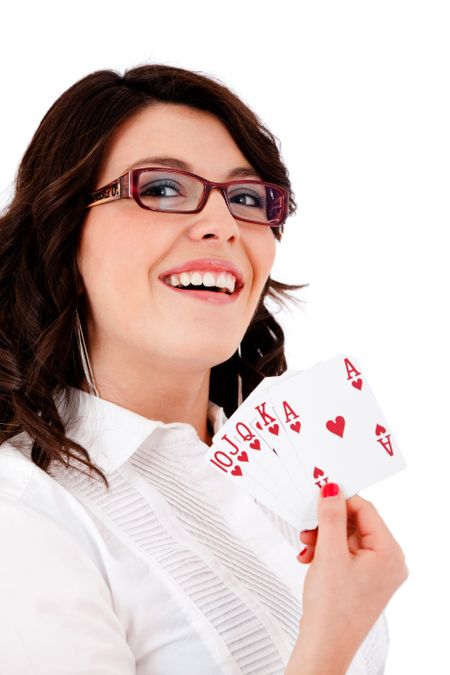 Female poker player with a royal flush - isolated over white