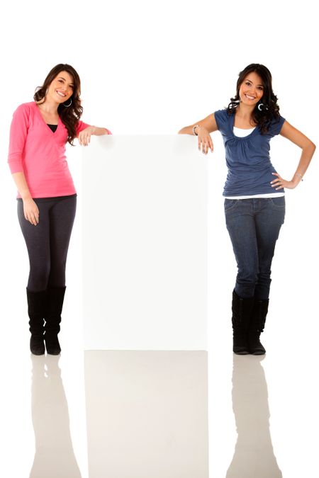 Fullbody women with a banner ad - isolated over a white background