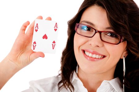 Business woman displaying an ace - isolated over white