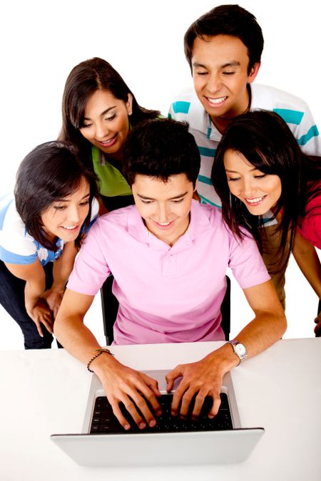 Group of people with a laptop computer pointing at the screen  ? isolated