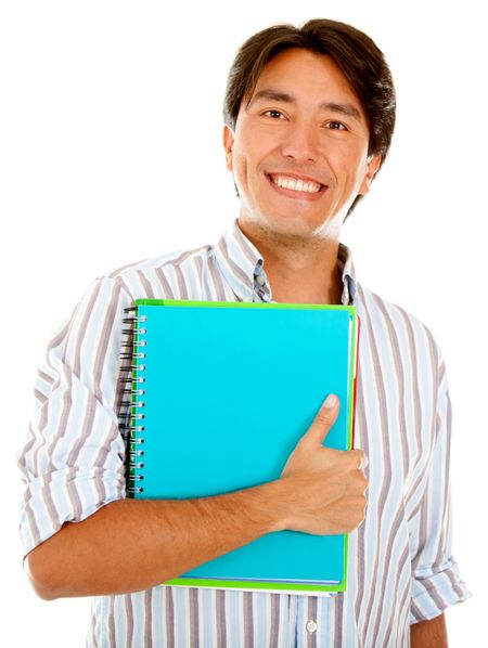 Male student with notebooks - isolated over a white background