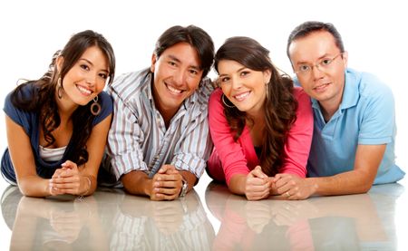 Group of people lying on the floor - isolated over a white background