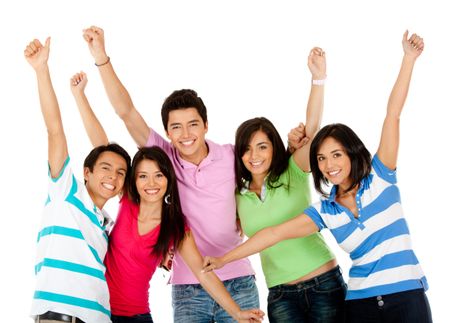 Happy group of people with arms up - isolated over white